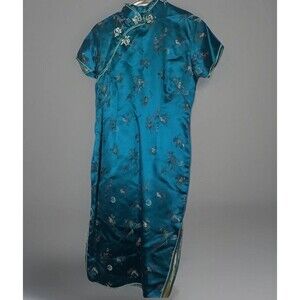 Solz Squirrel Qipao Cheongsam Teal Rayon Vintage Dress 70s Size 38 6-8